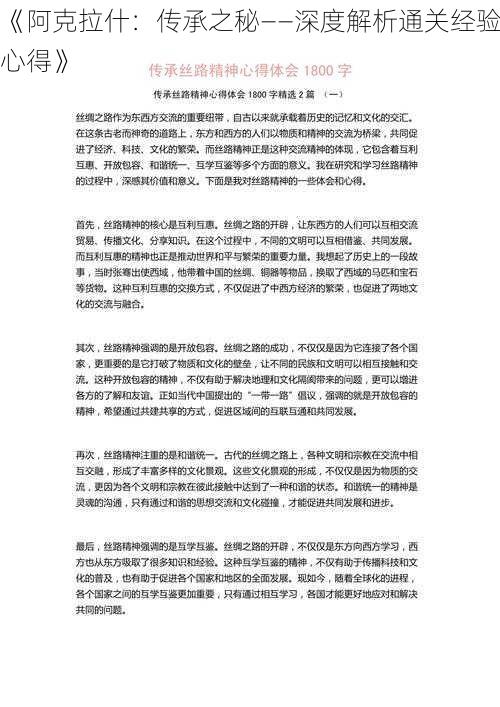 《阿克拉什：传承之秘——深度解析通关经验心得》