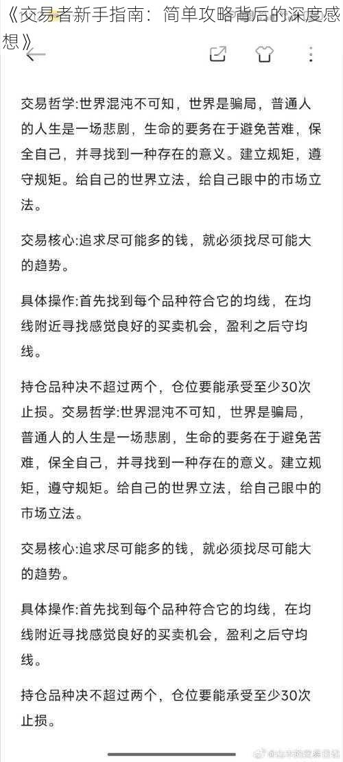 《交易者新手指南：简单攻略背后的深度感想》