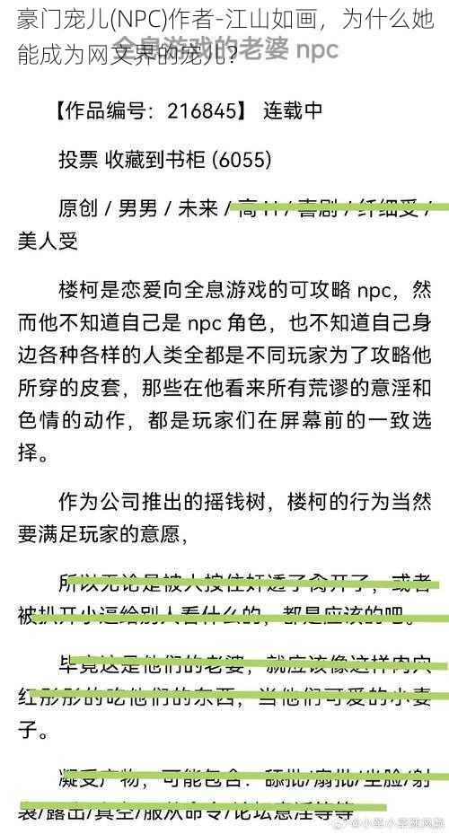 豪门宠儿(NPC)作者-江山如画，为什么她能成为网文界的宠儿？