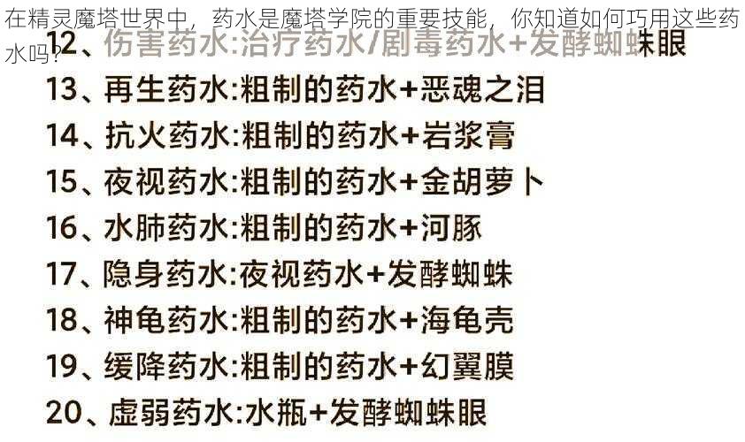 在精灵魔塔世界中，药水是魔塔学院的重要技能，你知道如何巧用这些药水吗？